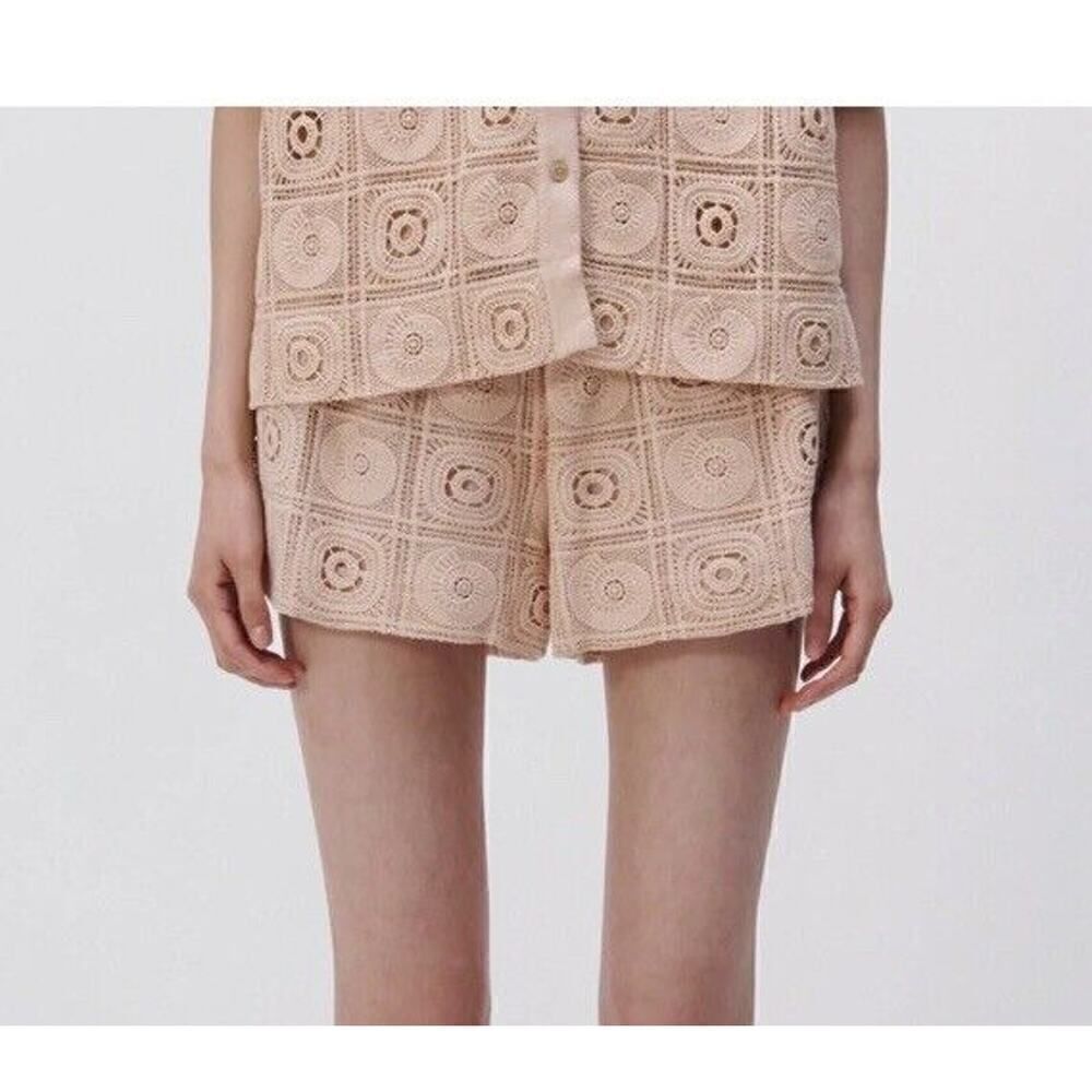 Jonathan Simkhai Radia Crochet Shorts Seashell Print Knit Beige NWT Sz L $295